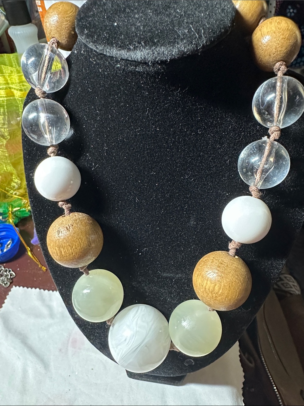 Vintage Handcrafted Beaded Statement Necklace - White, Clear & Wood Tones